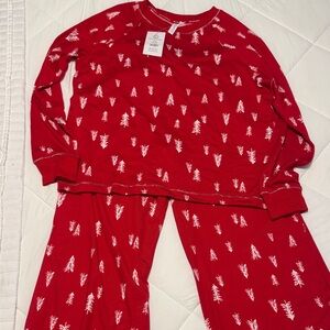 Festive Red Women’s Pajama Set with Tree Design